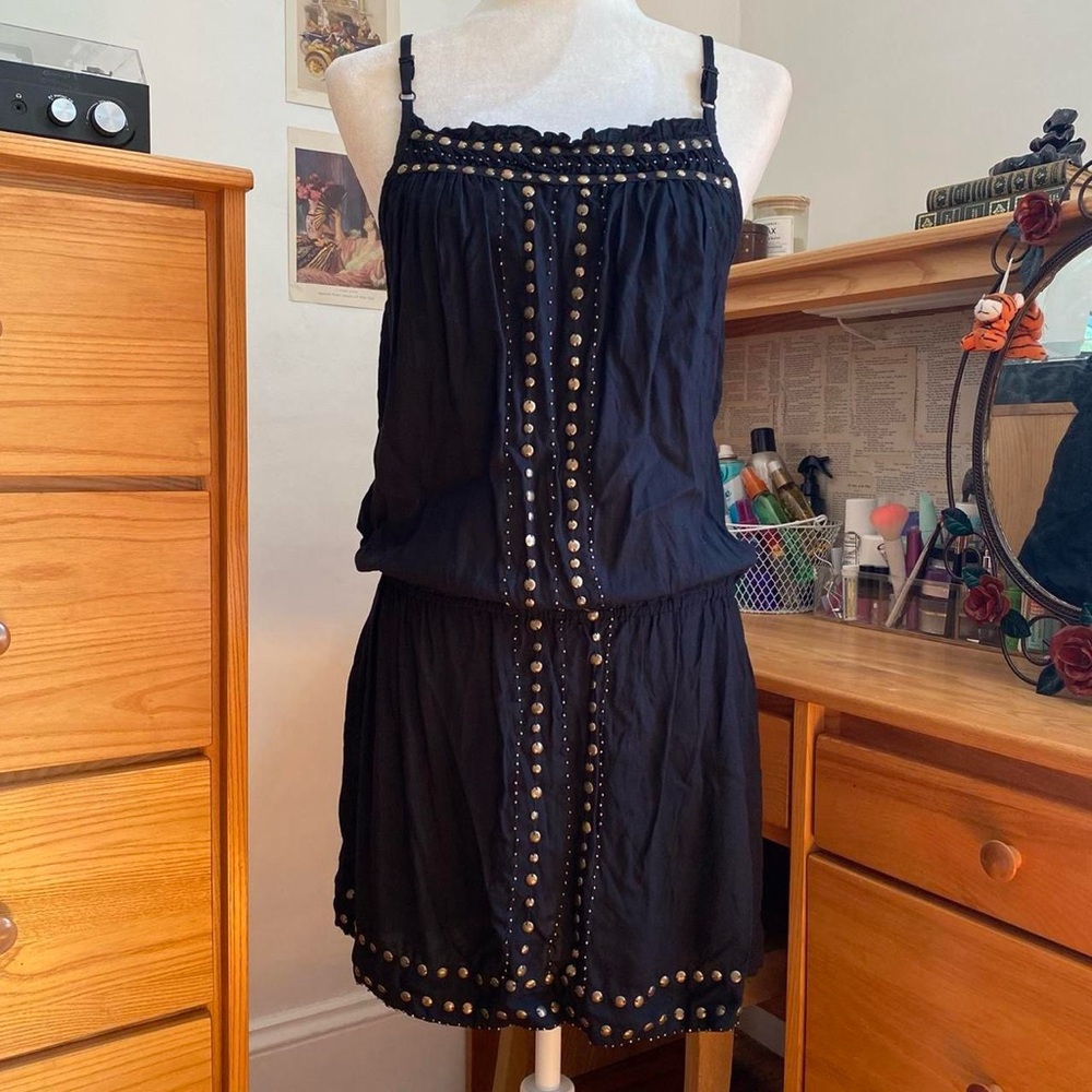 Black Boho Drop Waist Mini Cami Summer Dress with Brass Gold Accent Beading